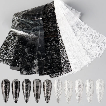 10pcs Elegant Black White Lace Flowers Nail Transfer Foils Stickers Black And White Sexy Lace DIY Charms Nail Art Decoration