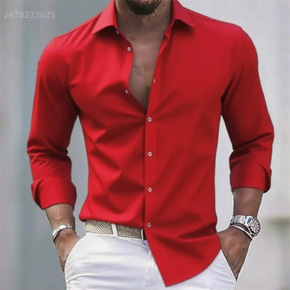 Solid Color Men's Casual White Shirt, Fashionable Casual Long Sleeve Stretch Fabric, Business Formal Shirt, Comfortable Fabric