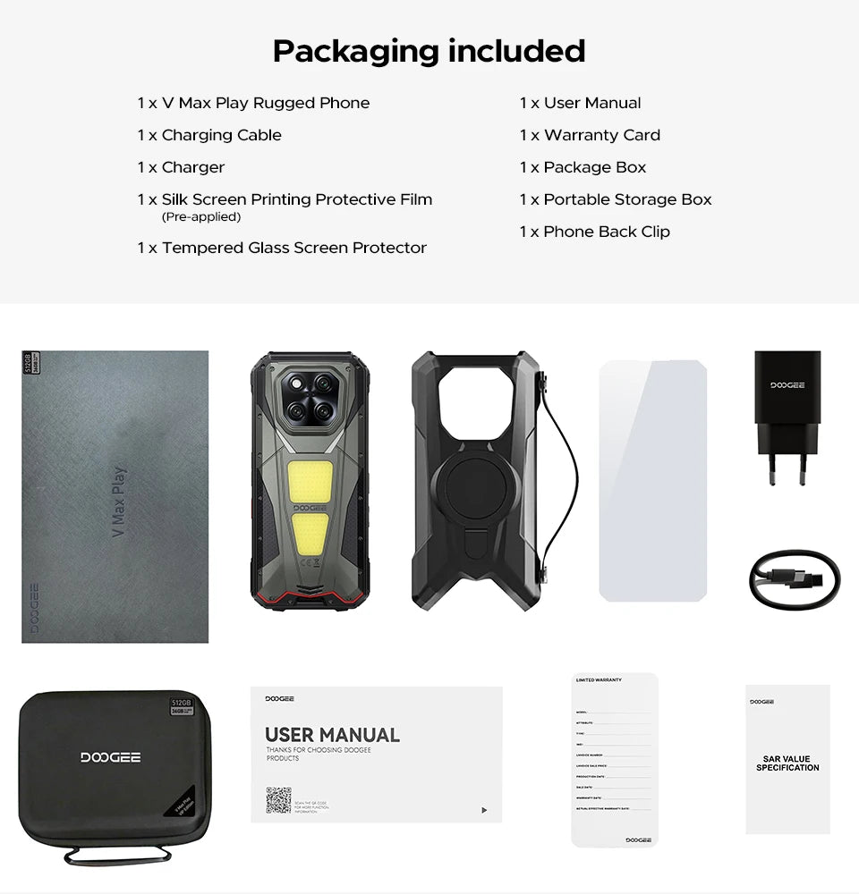 World Premiere DOOGEE V Max Play 5G Projector Rugged Phone 20500mAh Dual Camping Lights Dimensity 7300 16GB+512GB NFC Smartphone