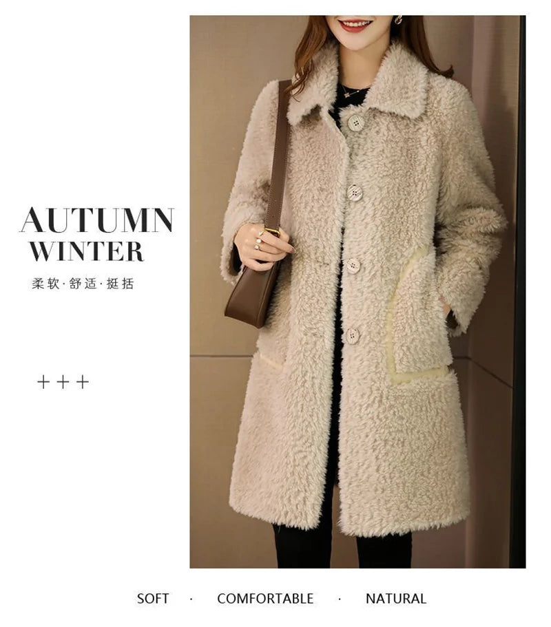 Female Winter Slim Grain Wool Middle Long Coat Women New Middle-Aged And Elderly Cashmere Thickened Imitation Lamb Wool Overcoat