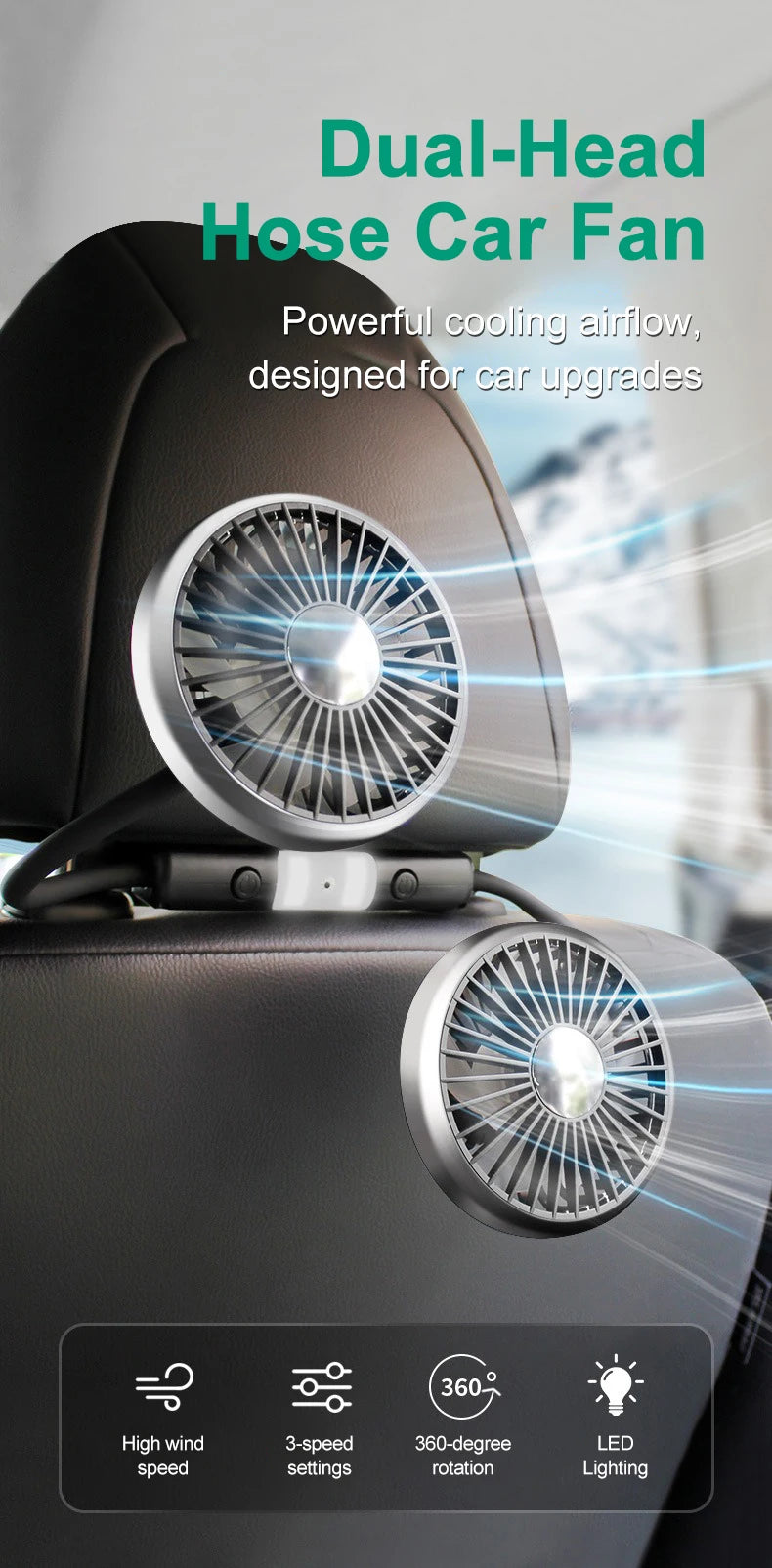 EAFC 3-speed Car Seat Back Cooling Fan USB Charge Dual Head Fan LED Lighting 360 Degree Rotation Neck Cooler for Home Use Travel