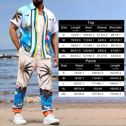 2025 Autumn Geometric Color Block Printed Short-sleeved Set, 2pcs Daily Casual And Loose Men's Shirt Set, Casual And Fashionable