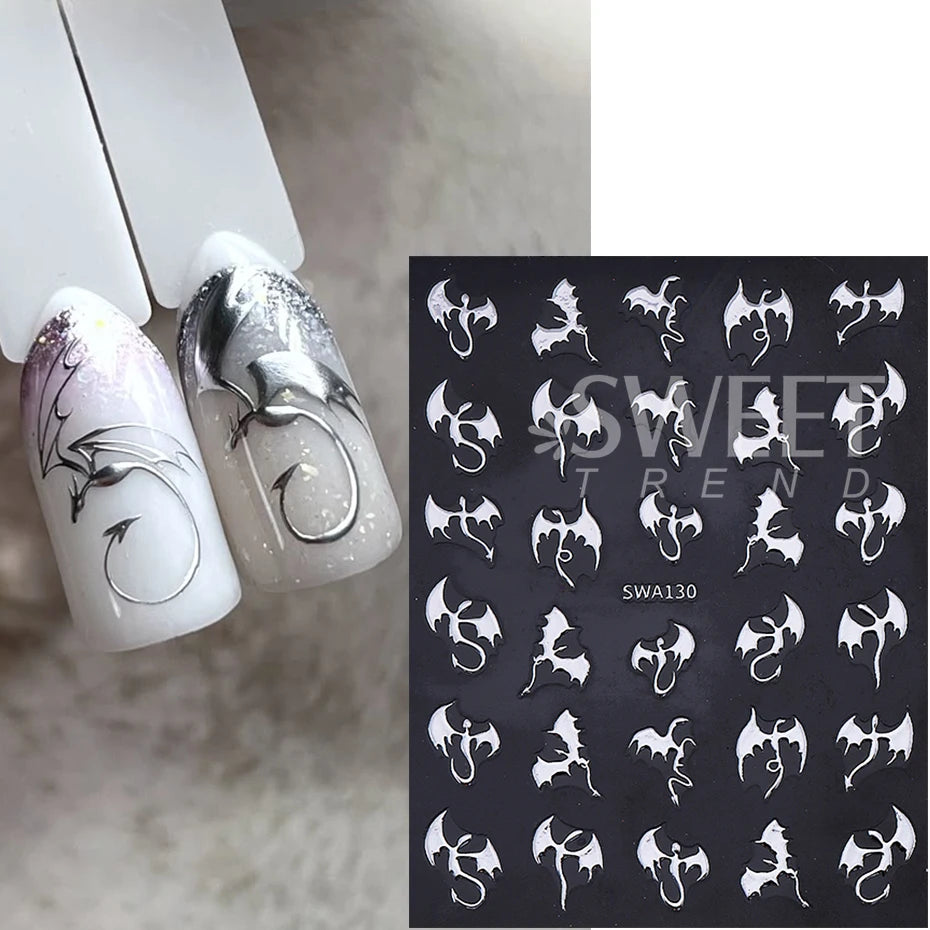 3pcs Metallic Flying Dragon Nails Stickers Gold Silver Laser Flying Devil Bat Design Nail Decals DIY Halloween Manicure Decor