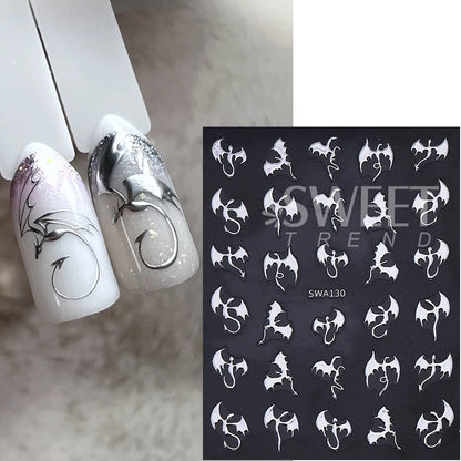 3pcs Metallic Flying Dragon Nails Stickers Gold Silver Laser Flying Devil Bat Design Nail Decals DIY Halloween Manicure Decor