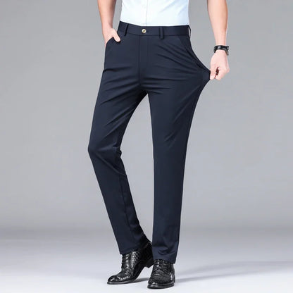 New Summer Men's Ice Silk High Stretch Business Suit Pants Male Army Green Blue Elastic Formal Office Straight Formal Trousers