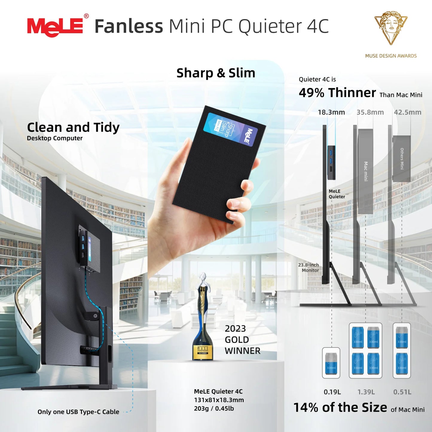 MeLE Quieter4C Fanless Mini PC N150 8GB 256GB,Industrial Slim Micro Computer, 4K Triple Display, Dual HDMI, USB-C, WiFi 5, BT5.1