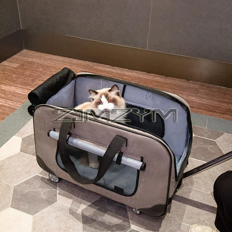 Foldable Pet Trolley, Detachable Windproof Cat Bag, Breathable Cat Carriers, Portable Pet Trolley Case