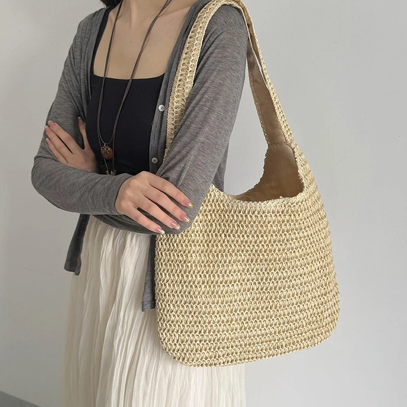 Fashion Rattan Women Shoulder Bags Woven Female Handbags Large Capacity Summer Beach Straw Bags Casual Tote Purses