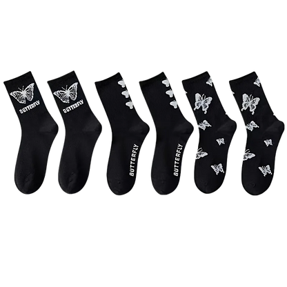 3/6/7 Pairs of Women Mid Length Stockings Set in Black And White With Butterfly Pattern Popular and versatile Sweat Absorption