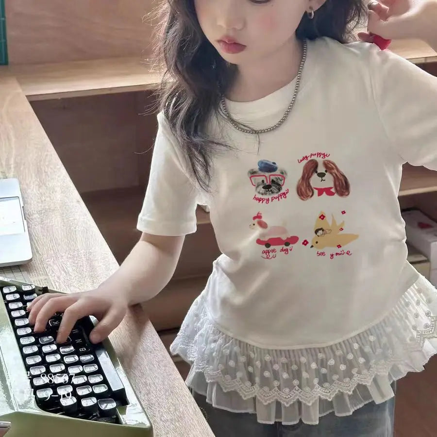 Childrens clothing baby girls summer casual lace t-shirt 2025 short sleeved Lace splicing new white tops 3-12 kids clothes