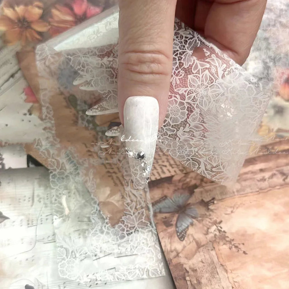 10 Rolls/Box New Black&White Lace Nail Transfer Stickers Sexy Lace Flower Full Wraps Nail Decals DIY French Manicure Decorations