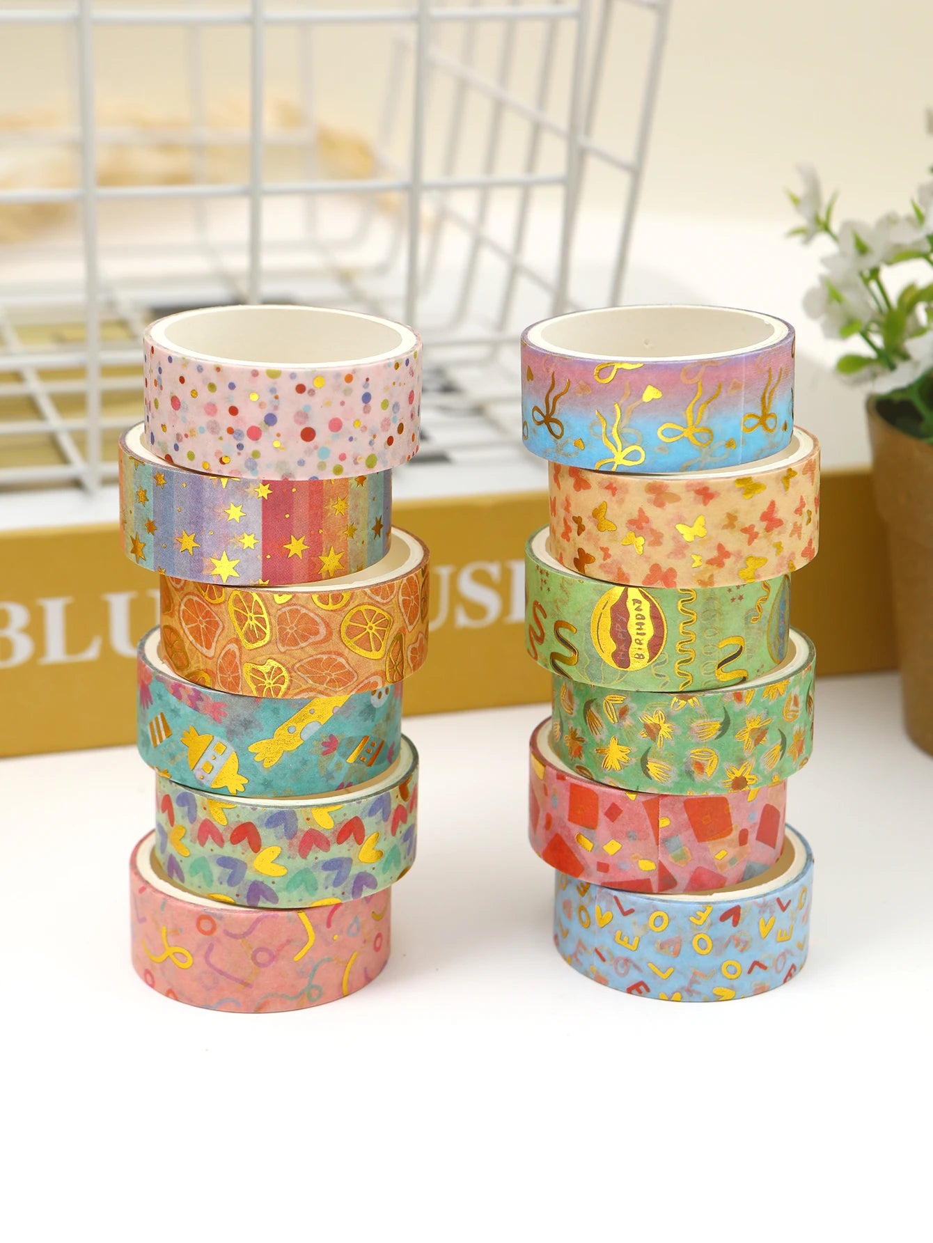 Creative Floral Hot Foil Washi Tape Set,12 Rolls Decorative Masking Tape for Scrapbooking,Journaling,DIY Gift Supplies