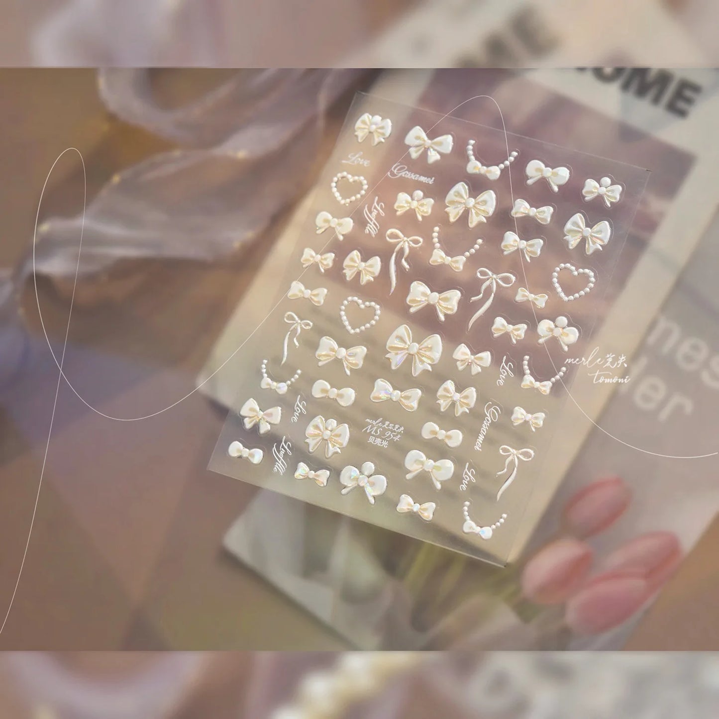 Shell Light Nail Stickers Small Fresh White Bow Ribbon Nail Charms Stickers Self Adhesive Nails 3D Decorations Parts DIY Decals