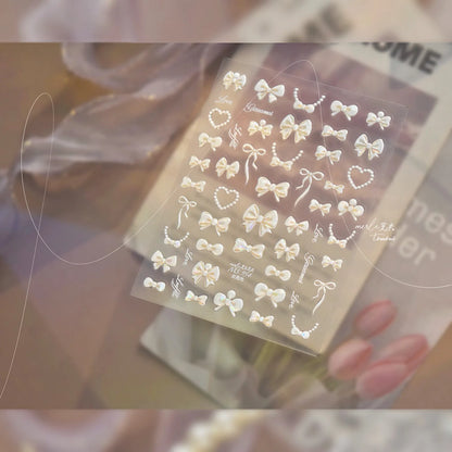 Shell Light Nail Stickers Small Fresh White Bow Ribbon Nail Charms Stickers Self Adhesive Nails 3D Decorations Parts DIY Decals