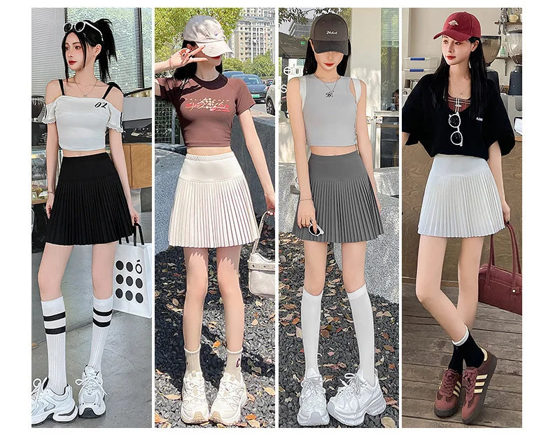 Korean Style Women Pleated A-line Skirts With Pants Mini Skirts Elastic Waist Casual High quality Summer A-line Skirts