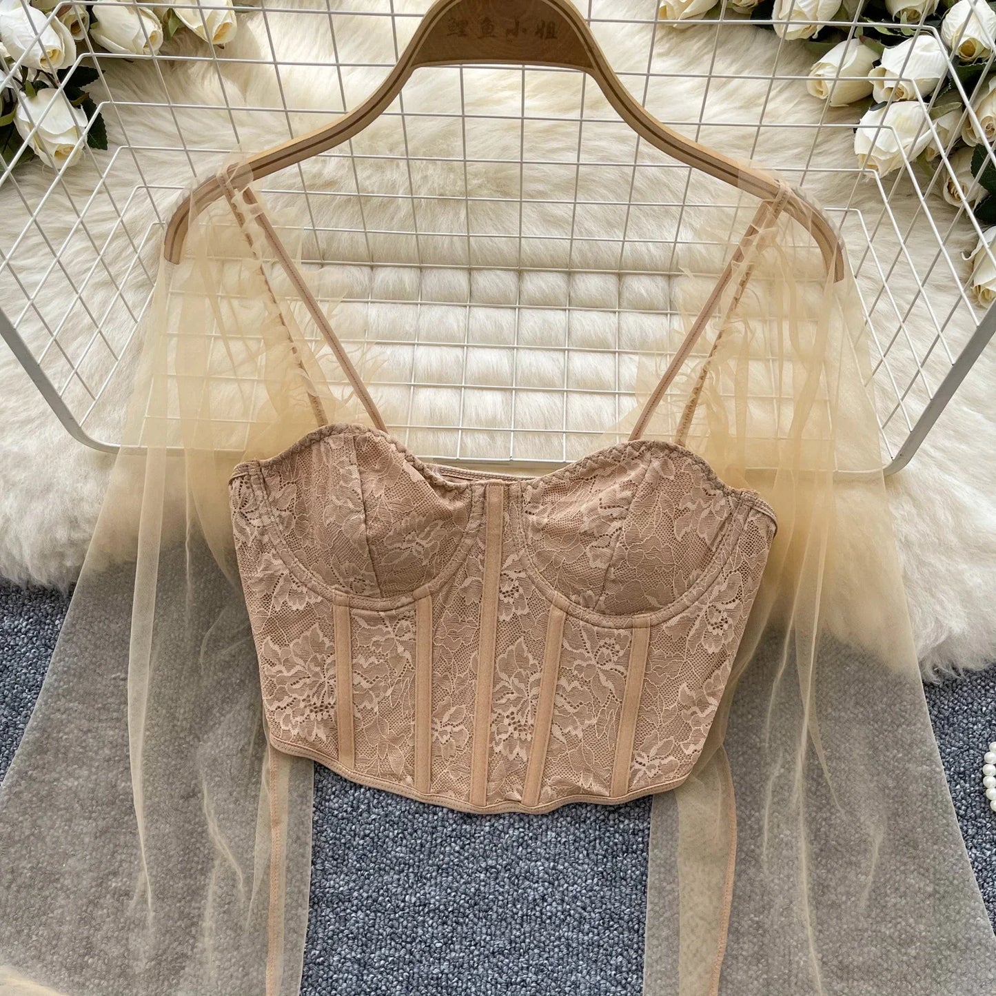 Women Chic Lace Mesh Sheer  Long Sleeve Backless Crop Top Solid Slim Sexy Korean Fashion Summer Women Shirt Square Collar