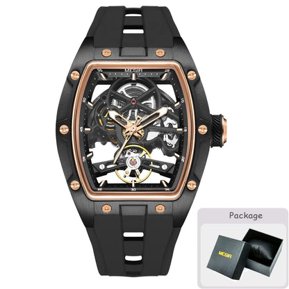 MEGIR Tonneau Skeleton Mechanical Watch Men Sport Wristwatch Silicone Strap Luxury Hollow Dial Male Automatic Mechanical Watches