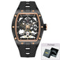 MEGIR Tonneau Skeleton Mechanical Watch Men Sport Wristwatch Silicone Strap Luxury Hollow Dial Male Automatic Mechanical Watches