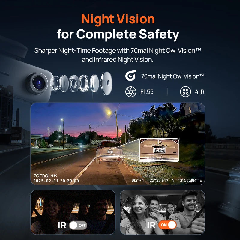 70mai 3-Channel Dash Cam T800E 4K HDR F1.55 Aperture Supercapacitor Voice Control GPS Car DVR 70mai T800E WiFi 6 5GHz