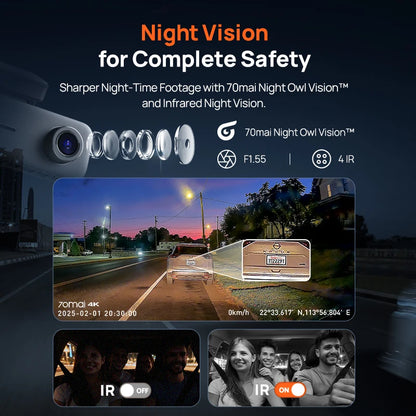 70mai 4K T800E 3-Channel Dash Cam Front Rear Interior 3-in-1 Voice Control 24H Parking Supercapacitor GPS 4K Car DVR 70mai T800E