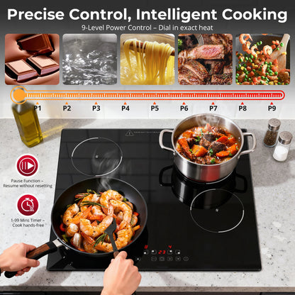 6000W Built-in Ceramic Hob, 4 Zone Induction Cooktop with Touch Control, 9 Power Levels, Timer & Child Lock, 60cm Black Glass