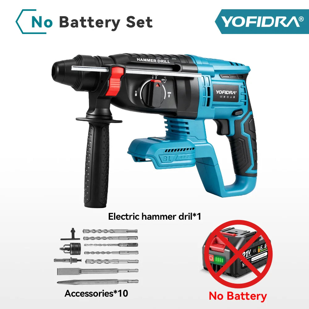 YOFIDRA 26MM Brushless Electric Hammer Drill Multifunctional Rotary Cordless Rechargeable Power Tools For Makita Battery Pin