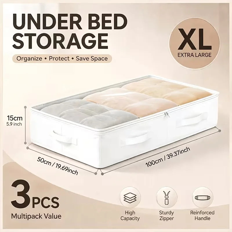 1/3 White Under-Bed Storage Box, Foldable Laundry Organizer with Durable Transparent Window, Under-Bed Style Storage Solution