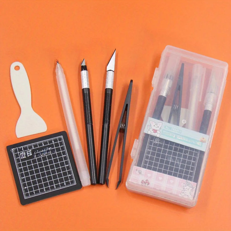 DIY Scrapbooking Tool Kit, DIY Hand Tools Set with Pen, Carving Knife, Tweezers, and Cutting Pad, School Office Crafts Suppliers