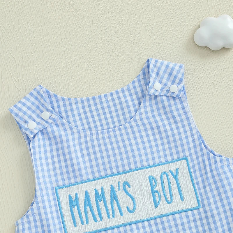 Baby Boy Summer Romper Overalls Letter Embroidery Plaid Print Sleeveless Round Neck Jumpsuit Newborn Baby Boy Clothes