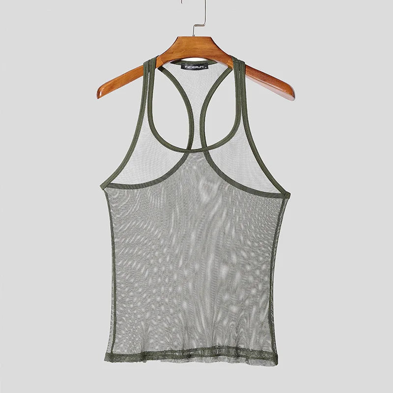 INCERUN Tops American Style Fashion Men Thin Perspective Mesh Vests Sexy Casual Streetwear Male Personality Sleeveless Tank Tops