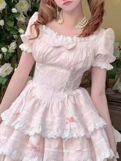 Kawaii Lovely Bow Lace Dress Women French Sweet Puff Sleeve Slim Cake Dresses Female Pretty Fairy Princess Dress Summer New