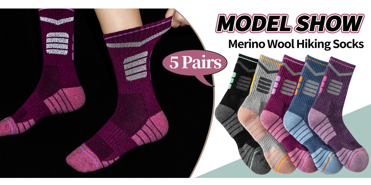 5 Pairs Merino Wool Hiking Reflective Socks Outdoor Night Men&Women Trail Running Cycling Trekking Moisture Wicking Cushion Crew Socks