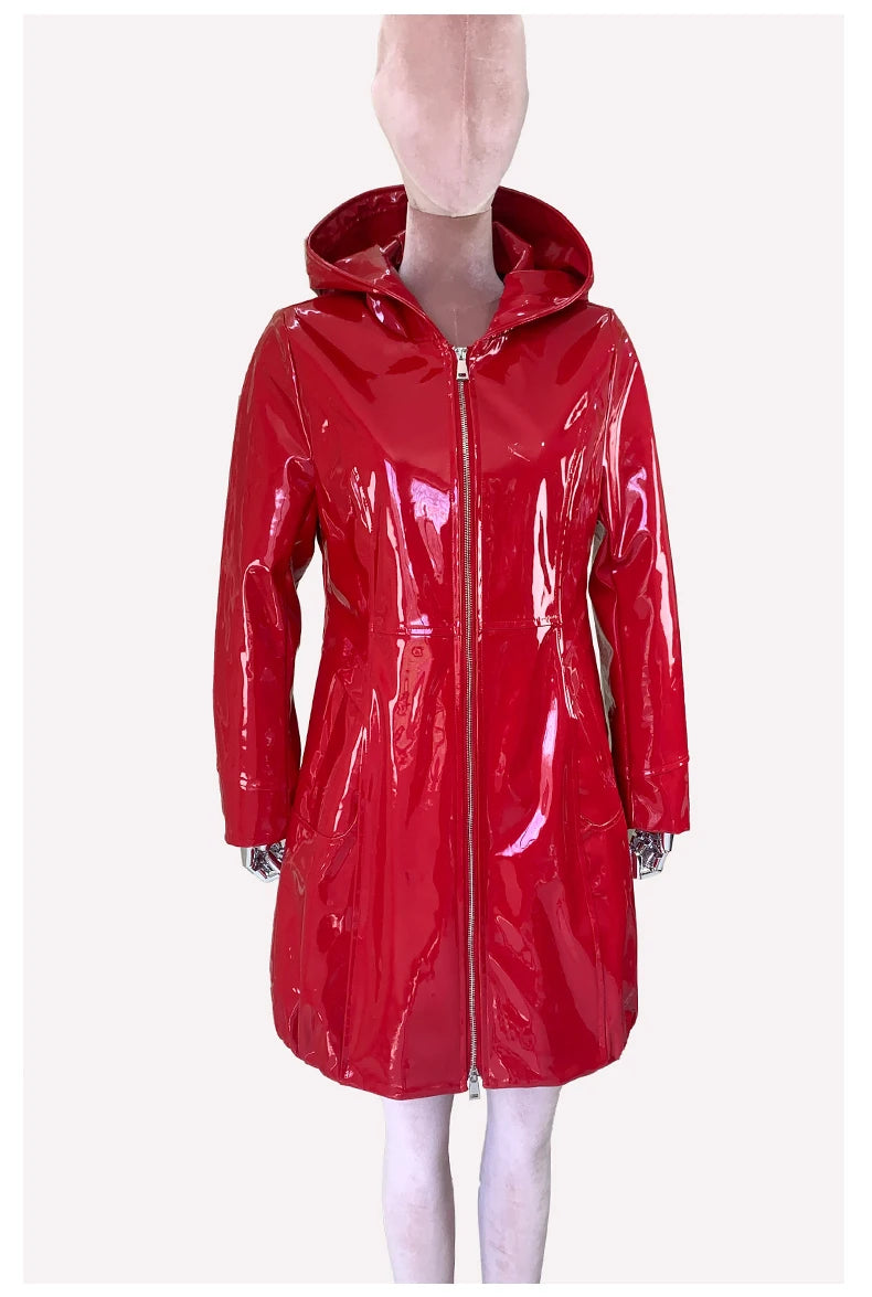 Nerazzurri Spring Fitted Waterproof Shiny Reflective Black Patent Faux Leather Jacket Women with Hood Zipper Red Autumn Clothes