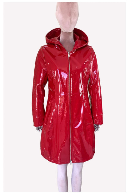 Nerazzurri Spring Fitted Waterproof Shiny Reflective Black Patent Faux Leather Jacket Women with Hood Zipper Red Autumn Clothes