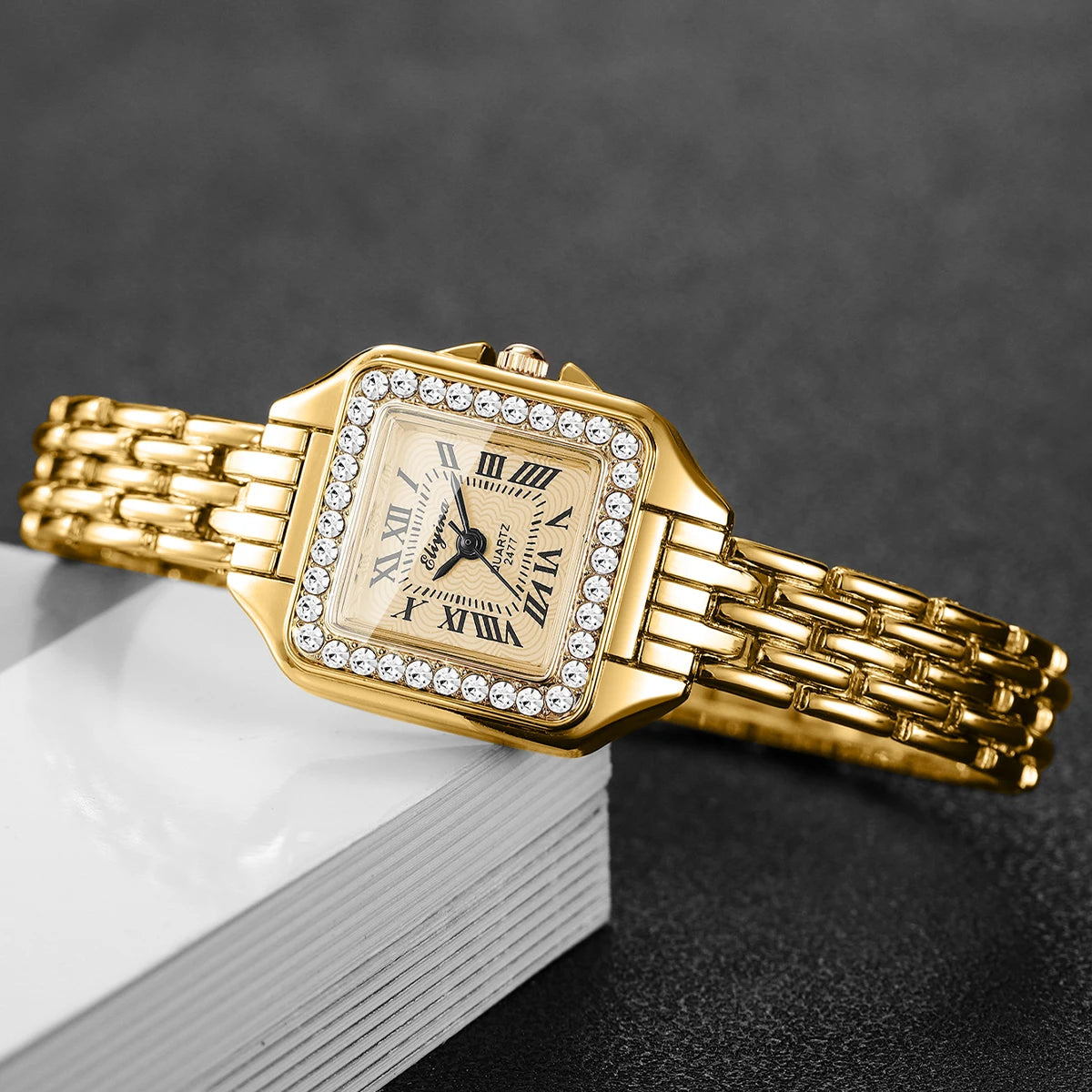 Elegant Rhinestone Square Women Watches Fashion Roma Dial Quartz Wristwatch Reloj Mujer Ladies Clock (Without Box)