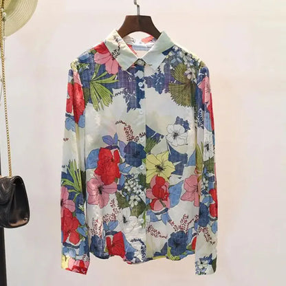 Blue Floral Print Vintage Polo-Neck Single Breasted Long Sleeve Women's Blouse Shirt Casual Female Clothing Tops Fashion 2024
