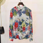 Blue Floral Print Vintage Polo-Neck Single Breasted Long Sleeve Women's Blouse Shirt Casual Female Clothing Tops Fashion 2024