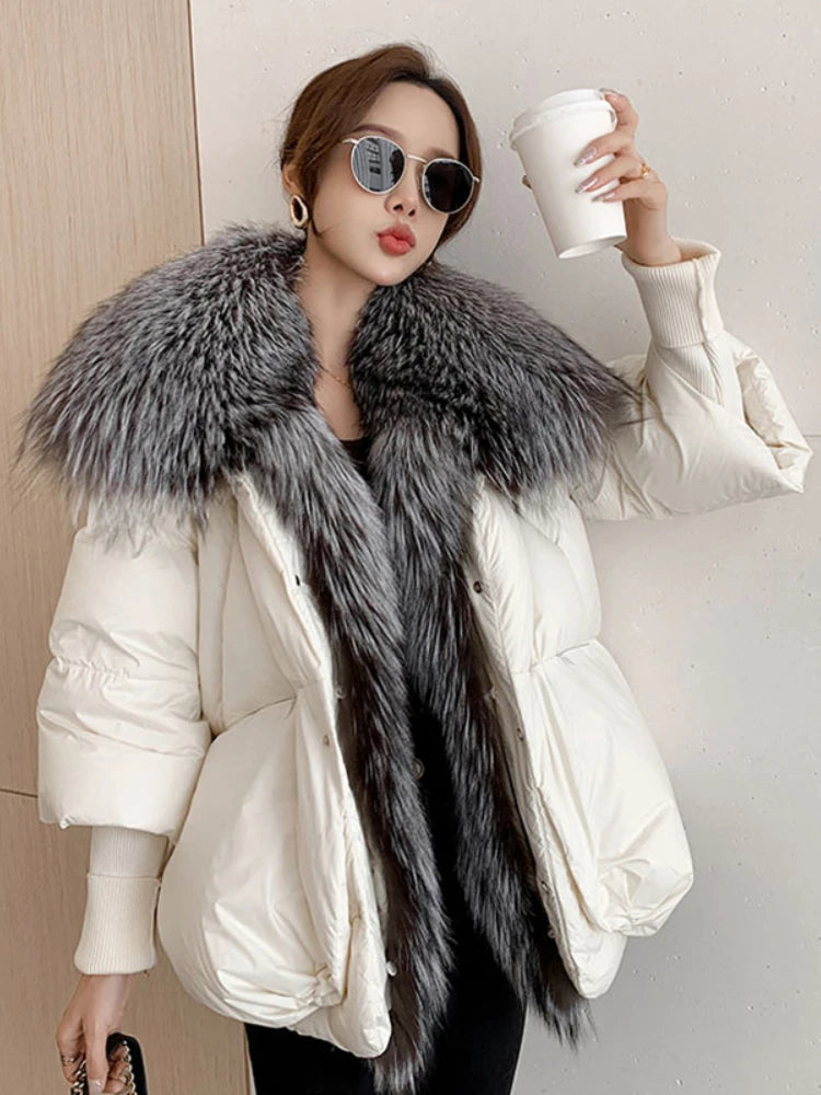 Oversized Winter Warm Real Fox Fur Collar Black Down Coat Women Puffer Outerwear Jackets 2024 Autumn Winter