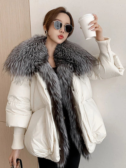 Oversized Winter Warm Real Fox Fur Collar Black Down Coat Women Puffer Outerwear Jackets 2024 Autumn Winter