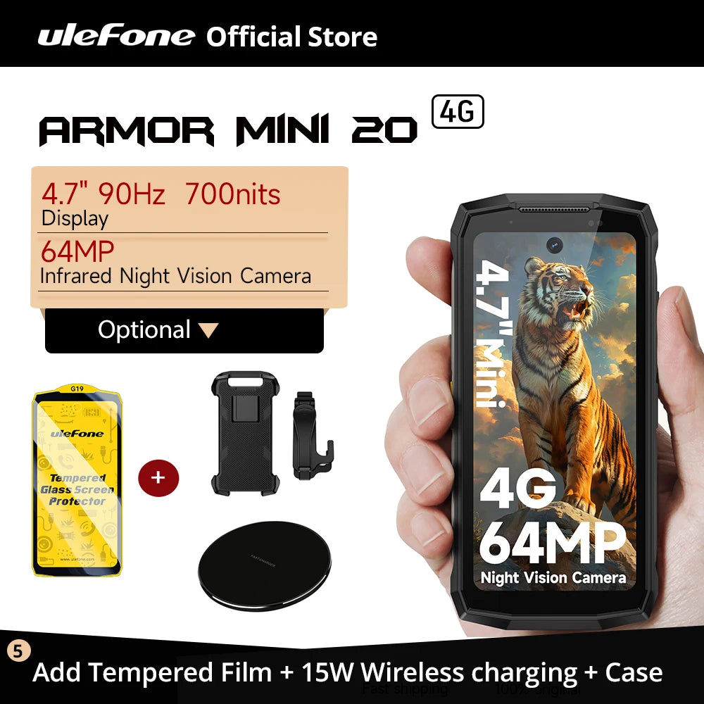 Ulefone Armor Mini 20 4G 4.7" Rugged Phone 64MP Night Camera Android 14 Smartphone 6200mAh Mobile Phone NFC 16GB+256GB 33W G99