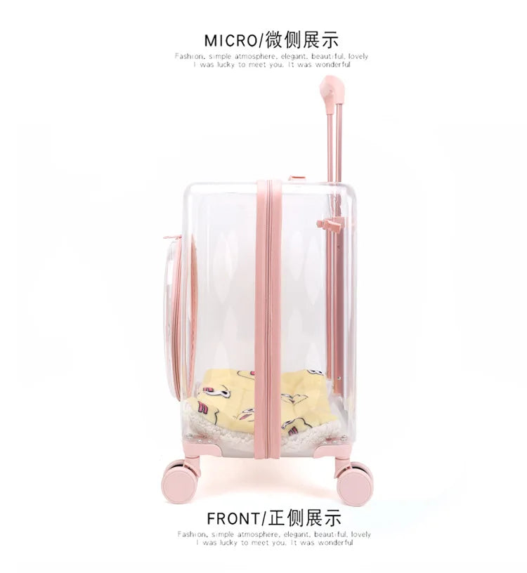 Pet Pull-Along Cart Cat Carrier, Large Capacity for Two Cats, Transparent Travel Trolley for Medium Dogs, Outdoor Pet Luggage
