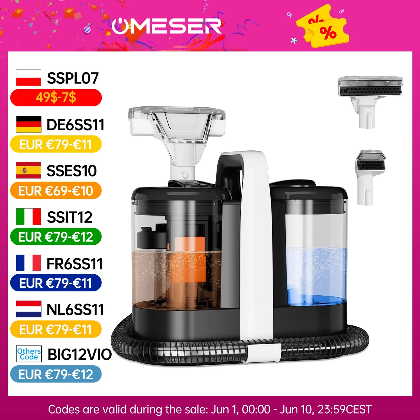 OMESER W07 15KPa Portable Carpet Cleaner Machine 600W Upholstery Cleaner Pet Special Stain Cleaner Powerful for Sofa Car Seat