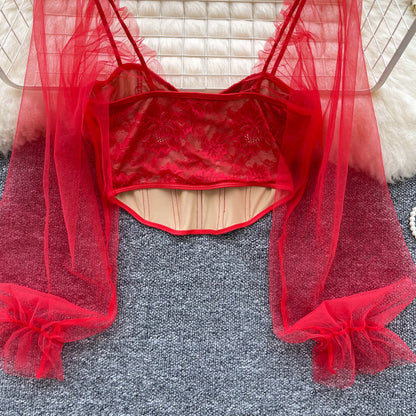 Women Chic Lace Mesh Sheer  Long Sleeve Backless Crop Top Solid Slim Sexy Korean Fashion Summer Women Shirt Square Collar