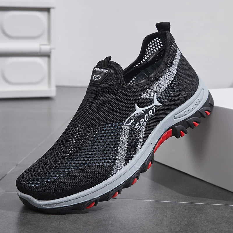 Men's lightweight slip-on sneakers - non-slip casual shoes suitable for hiking, daily wear, and outdoor adventures, black low-top fabric design, with synthetic sole, round toe, ideal for spring and autumn, hiking gear