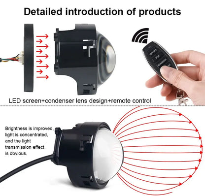 LED Car Dynamic Devil Eye Large Light 3-inch 33 Mode Car Light Remote Modification Eagle Eye 3D Lens Dynamic Pupils Headlight