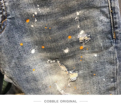 Summer Trendy Brand Handsome Denim Shorts Men's Washed Embroidered Patch Trendy Short Pants Ripped Slim-fit Elastic Middle Pants