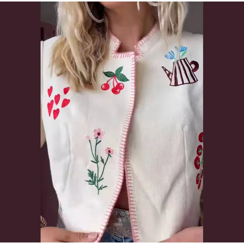 Embroidered Print Cropped Woolen Jacket Women Casual O Neck Full Sleeve Outwear 2025 Autumn Lady Daily Commuting Street Jackets