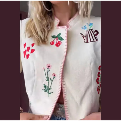 Embroidered Print Cropped Woolen Jacket Women Casual O Neck Full Sleeve Outwear 2025 Autumn Lady Daily Commuting Street Jackets