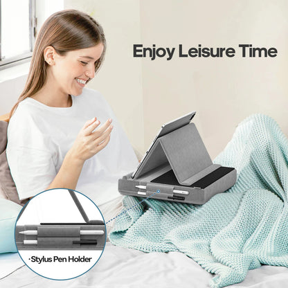 Upgraded Tablet Pillow Stand Multi-Angle Viewing Ipad Holder for Lap Bed and Desk Foldable Soft Pad Dock with Stylus Mount