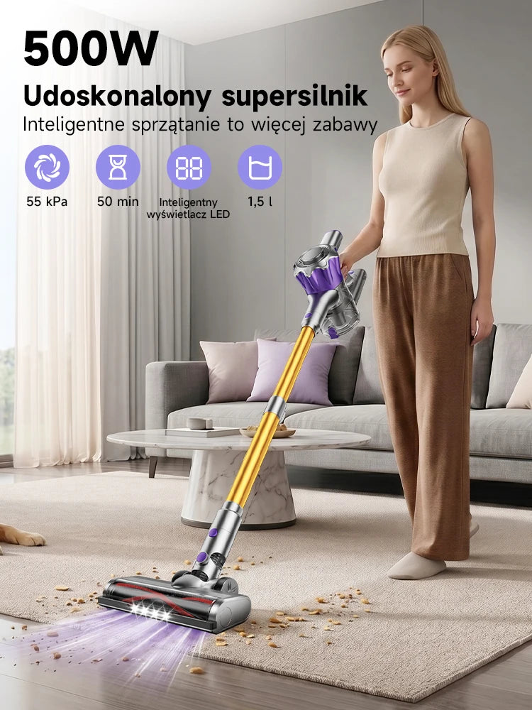 Tdyon Cordless Vacuum Cleaner, 50000Pa Suction 500W Motor Vacuum with LED Display, 50 Mins Runtime Auto Mode & Anti‑Tangling Brush for Carpet Hard Floor